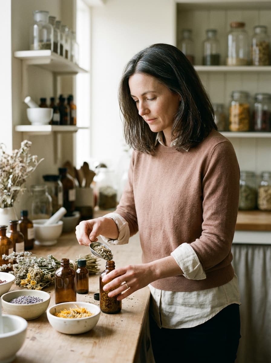 Davina in the apothecary, hands working, not posed