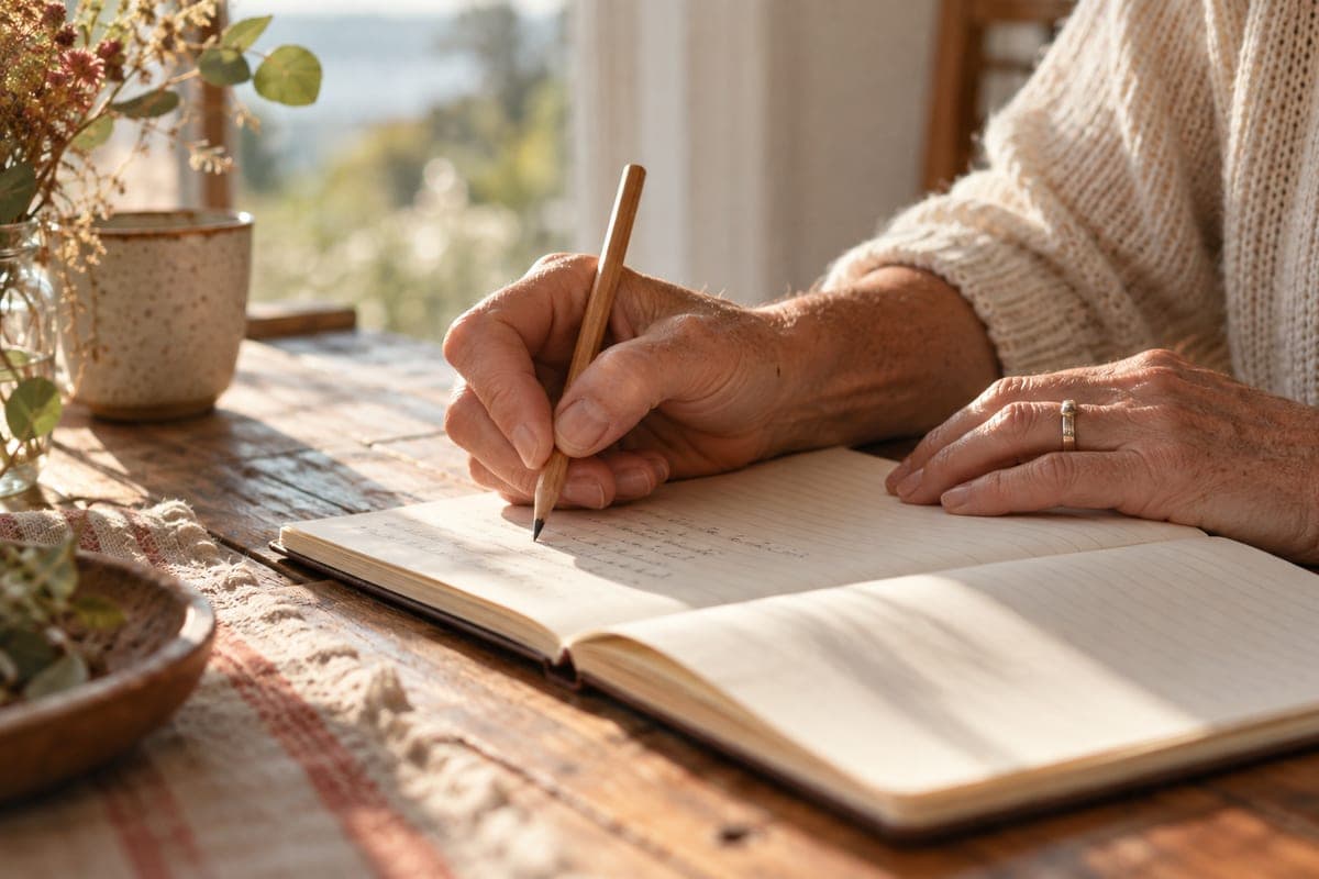 A hand writing a list in a notebook