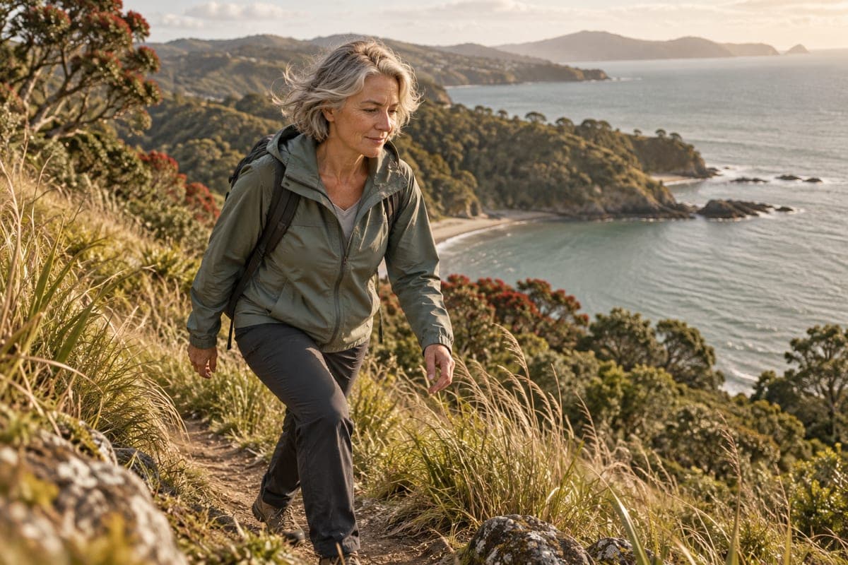 A woman walking up a coastal hill
