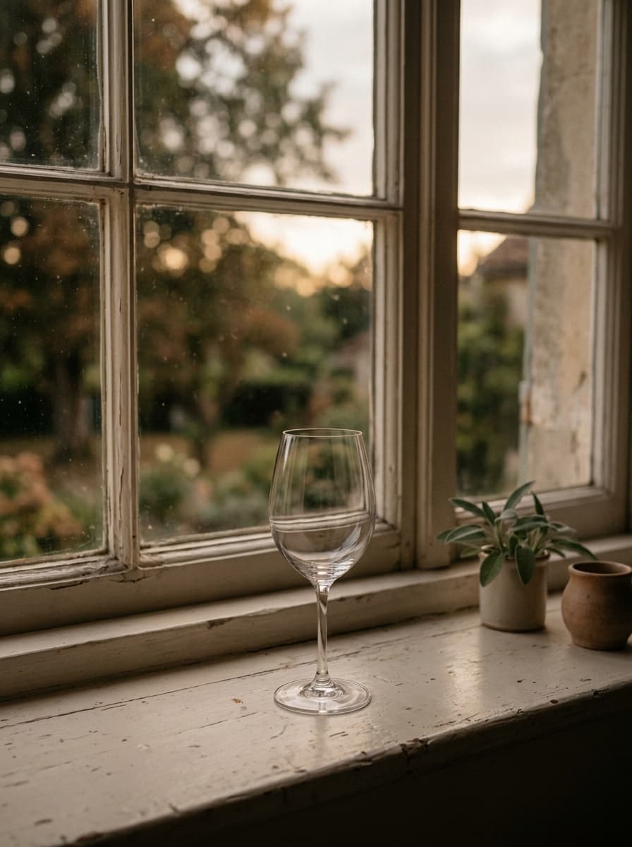 Empty glass by a window at dusk