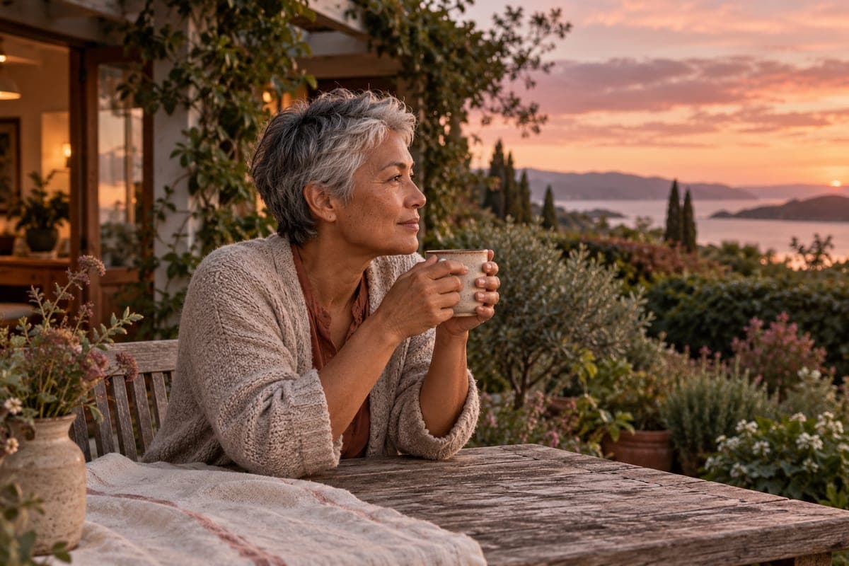 A woman holding a mug of tea at an outdoor table at dusk