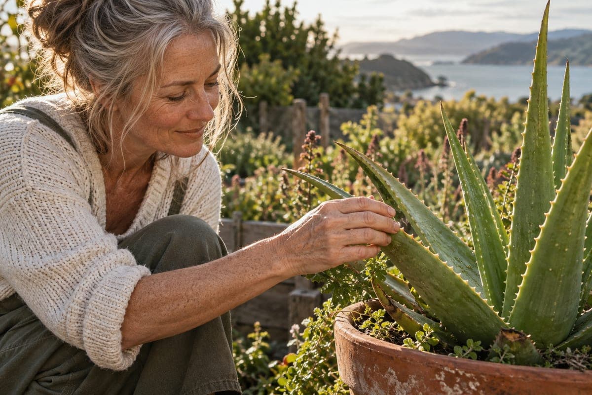 A hand touching an aloe leaf in a garden