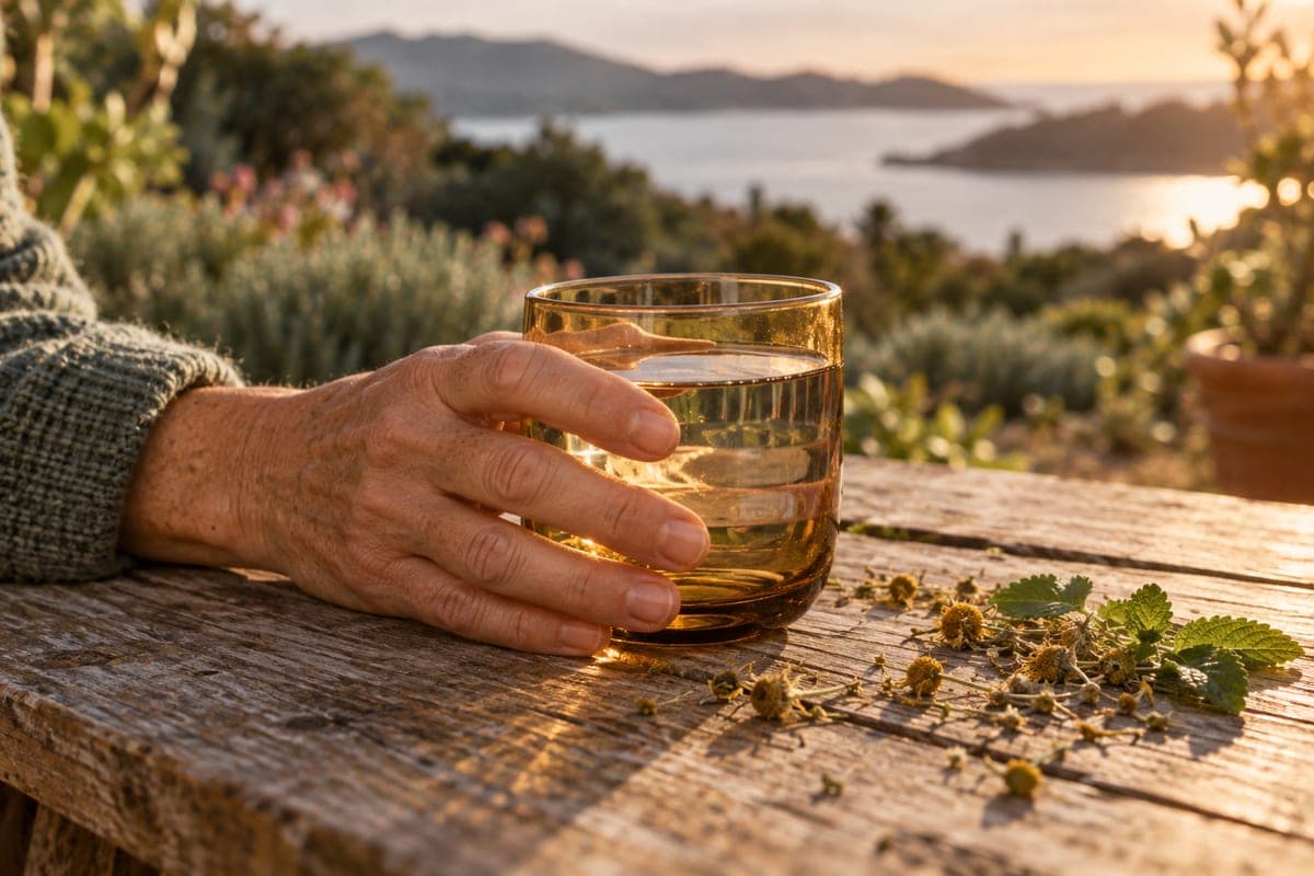 A hand beside a glass of water and herbs