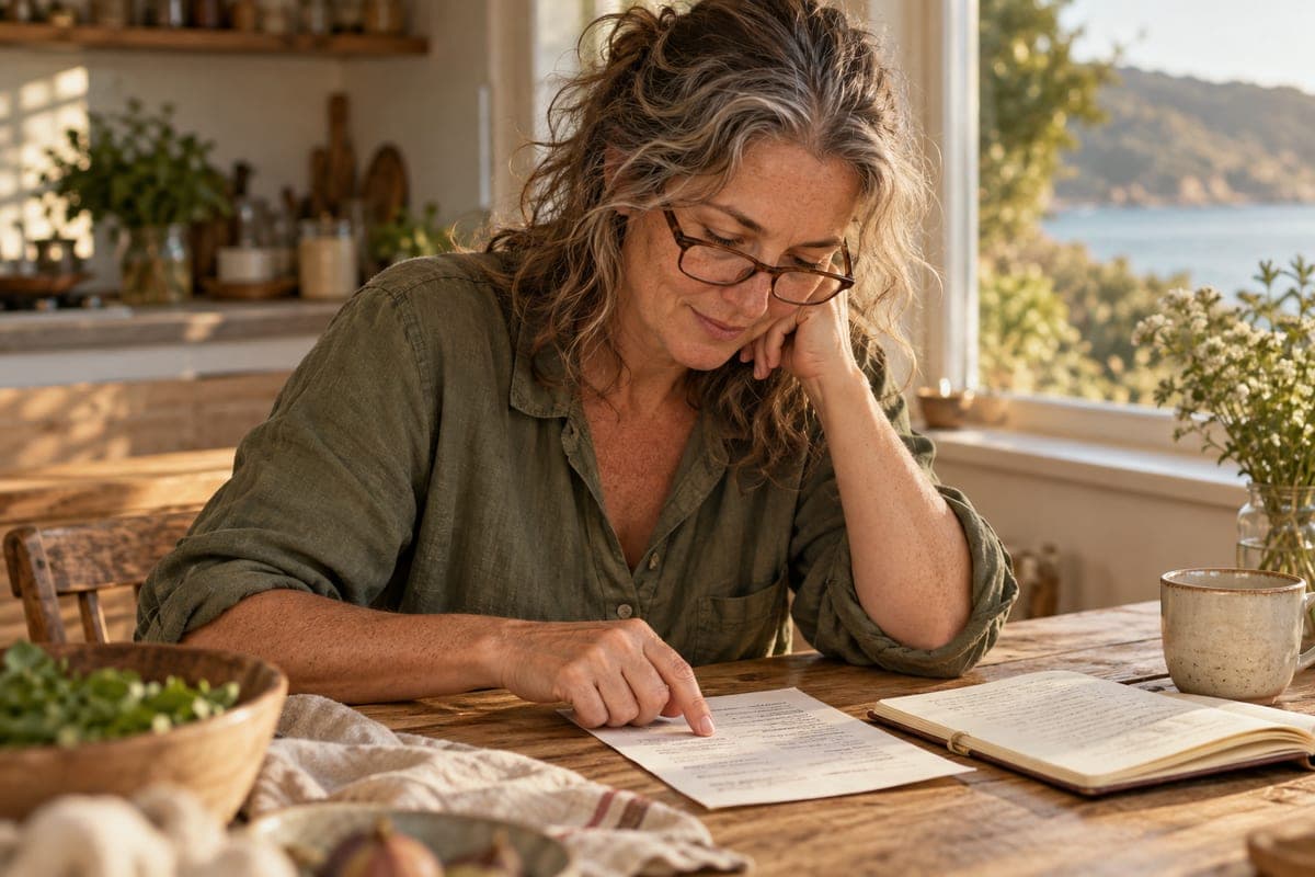 A woman reading a printed ingredient list at a kitchen table