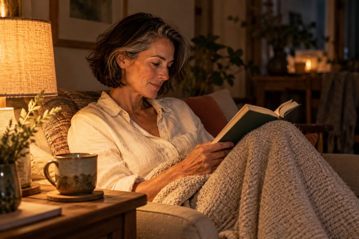 A woman reading under a lamp at night