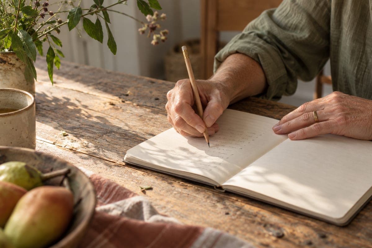 A hand writing a list in a notebook