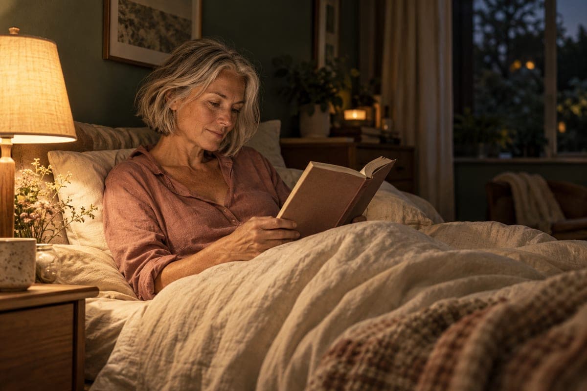 A woman reading in bed with light linen bedding