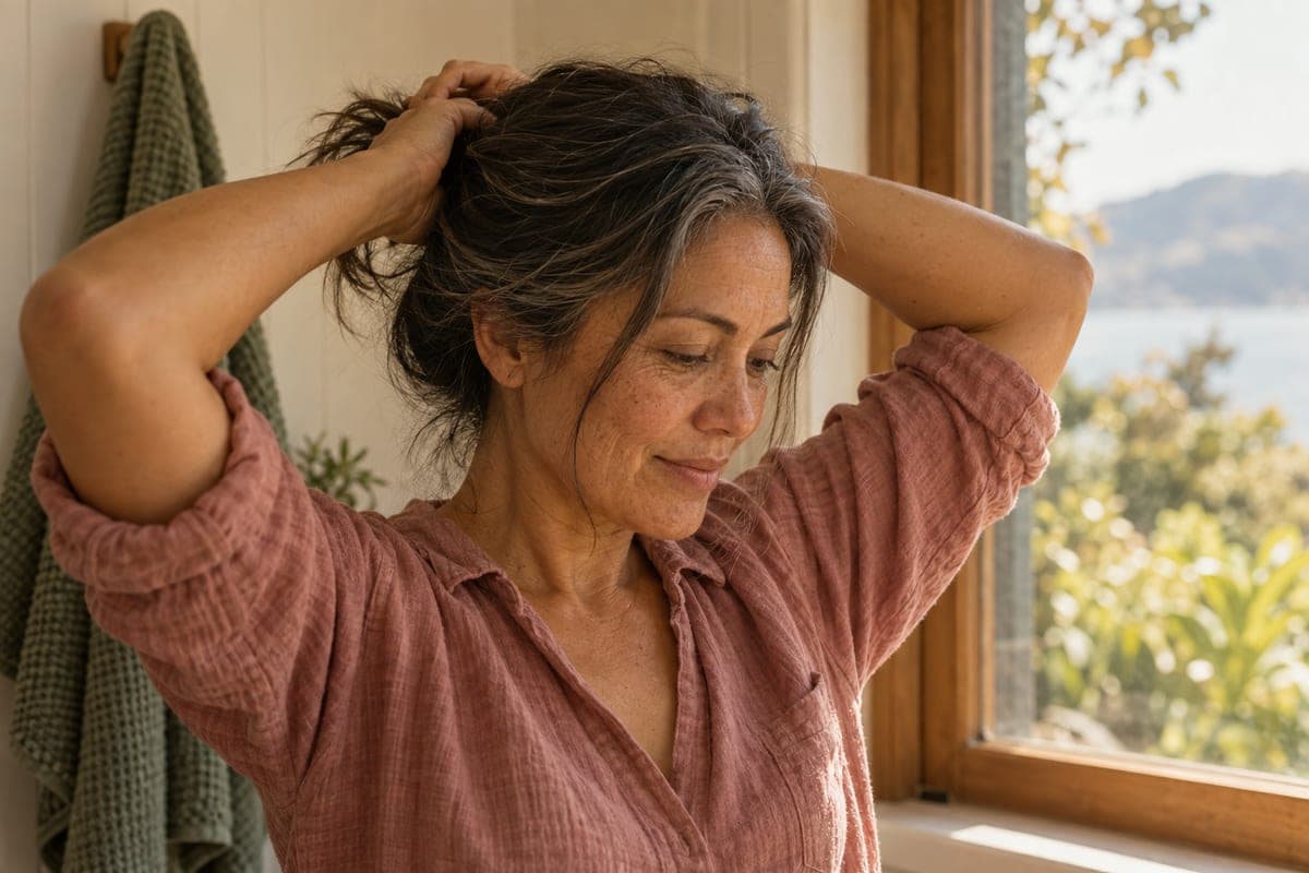 A woman tying back her hair beside a bathroom window