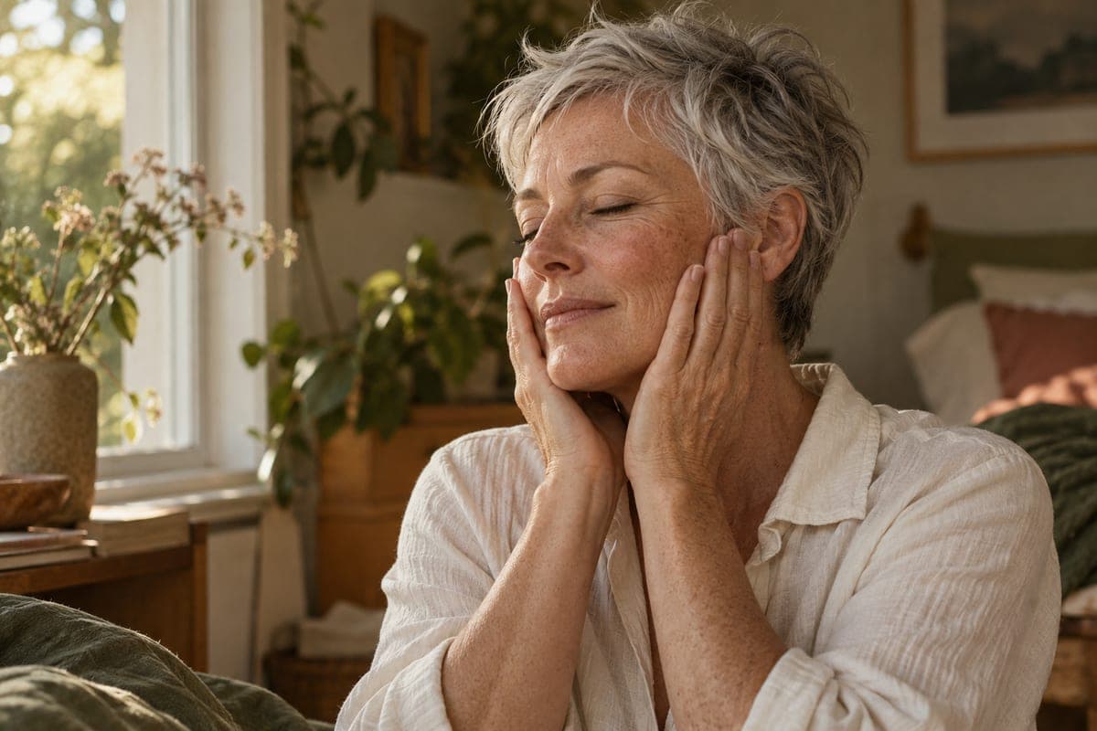 A woman gently pressing her palms against her cheeks