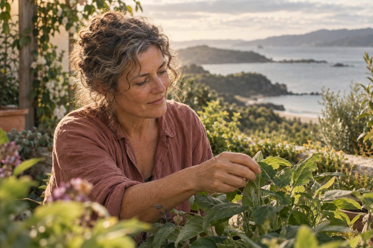A woman beside leafy plants in soft garden light