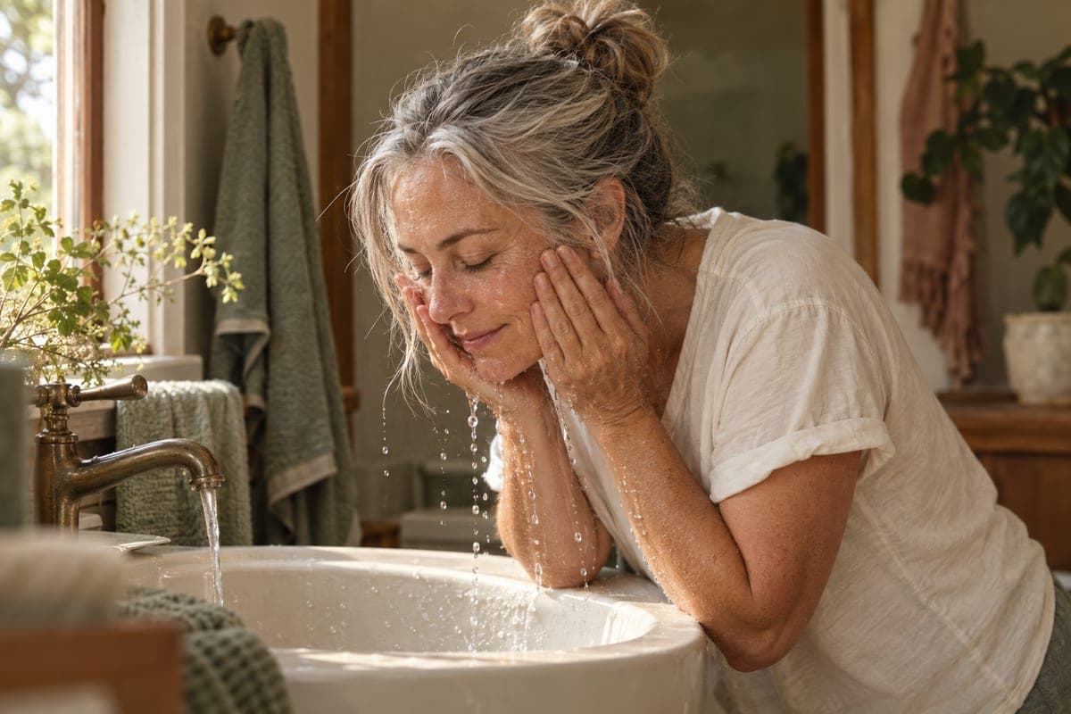 A woman rinsing her face at a basin