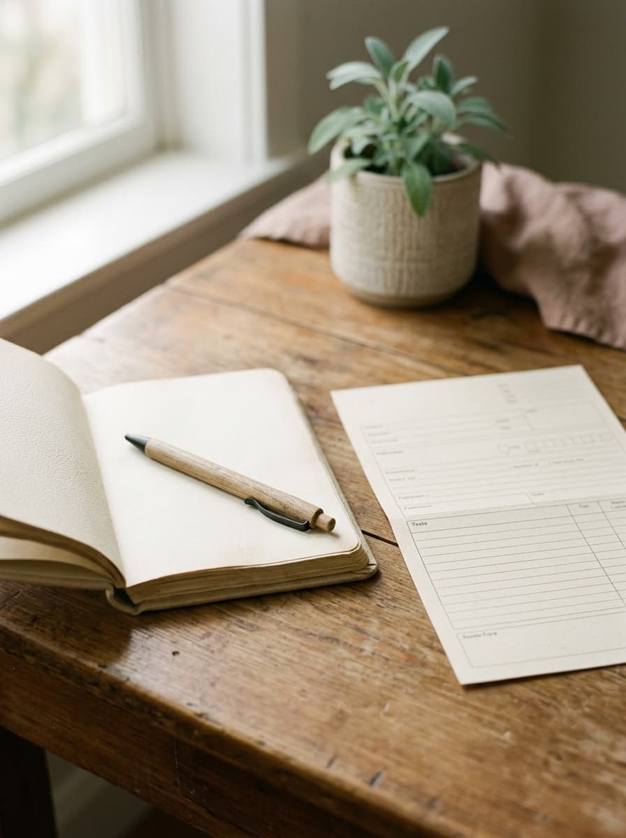 Notebook and lab form on a desk