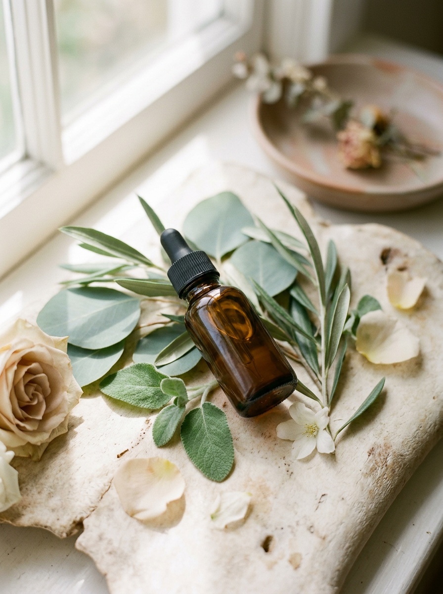 Botanical still life, dropper and leaves