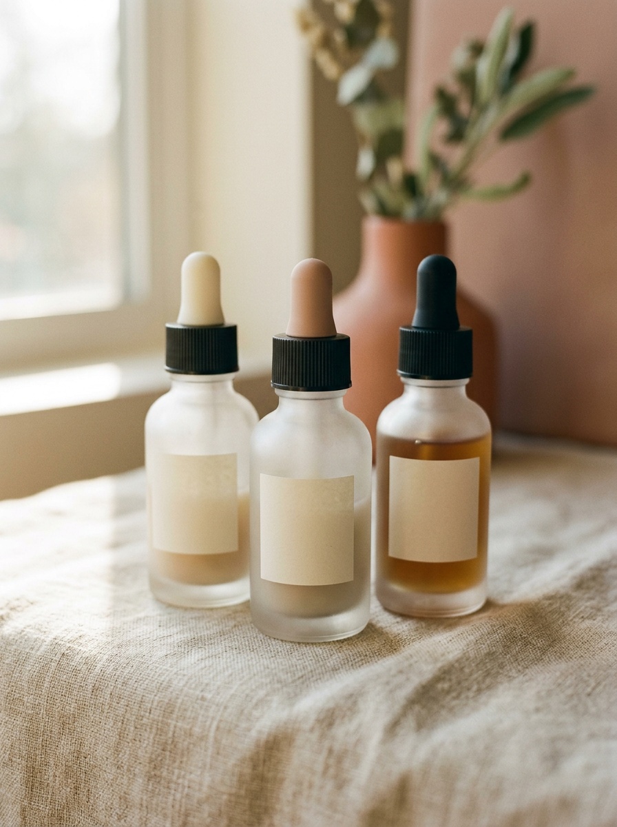 The three serums on bone linen, morning light